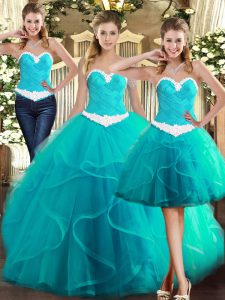 Baby Blue Tulle Lace Up Sweetheart Sleeveless Floor Length Quinceanera Dress Ruffles