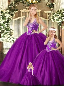 Floor Length Purple Sweet 16 Dresses Straps Sleeveless Lace Up