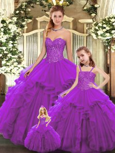 Fantastic Sleeveless Organza Floor Length Lace Up Quinceanera Dresses in Eggplant Purple with Beading and Ruffles