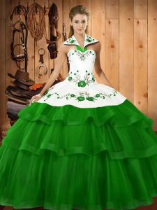 Embroidery and Ruffled Layers Sweet 16 Quinceanera Dress Green Lace Up Sleeveless Sweep Train