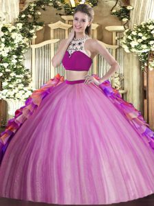 Lilac Quince Ball Gowns Military Ball and Sweet 16 and Quinceanera with Beading and Ruffles High-neck Sleeveless Backless