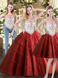 Pretty Sleeveless Floor Length Beading Zipper Ball Gown Prom Dress with Wine Red