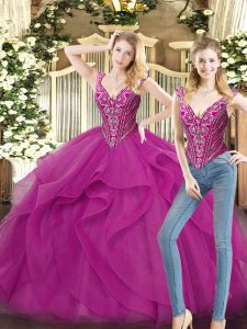 Fuchsia Ball Gowns Beading and Ruffles 15 Quinceanera Dress Lace Up Organza Sleeveless Floor Length