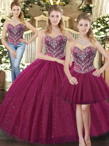 Fuchsia Lace Up Sweet 16 Dresses Beading Sleeveless Floor Length