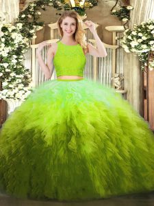 Perfect Organza Scoop Sleeveless Zipper Lace and Ruffles Sweet 16 Dresses in Olive Green