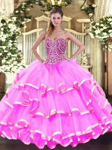 Elegant Sleeveless Floor Length Beading and Ruffled Layers Lace Up Sweet 16 Quinceanera Dress with Rose Pink