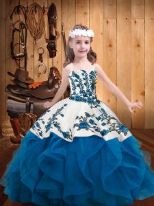 Discount Blue Straps Lace Up Embroidery and Ruffles Little Girl Pageant Dress Sleeveless