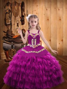 Custom Made Fuchsia Straps Lace Up Embroidery and Ruffled Layers Little Girl Pageant Dress Sleeveless