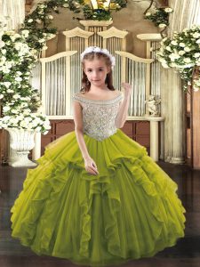 Olive Green Little Girls Pageant Dress Party and Sweet 16 and Quinceanera and Wedding Party with Beading and Ruffles Off The Shoulder Sleeveless Lace Up