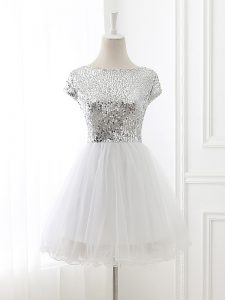 Nice White Quinceanera Court Dresses Prom and Party and Wedding Party with Sequins Scoop Cap Sleeves Zipper