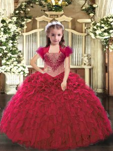 Red Straps Neckline Beading and Ruffles Little Girls Pageant Dress Wholesale Sleeveless Lace Up