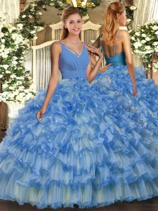 Adorable Baby Blue Backless V-neck Ruffled Layers Quinceanera Gown Organza Sleeveless