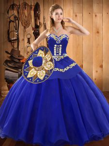 Flare Floor Length Lace Up Quinceanera Dresses Blue for Military Ball and Sweet 16 and Quinceanera with Ruffles