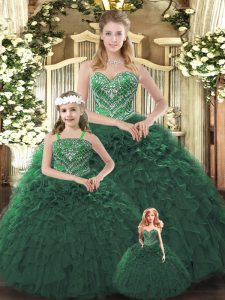 Simple Sleeveless Floor Length Ruffles Lace Up Quinceanera Dresses with Dark Green