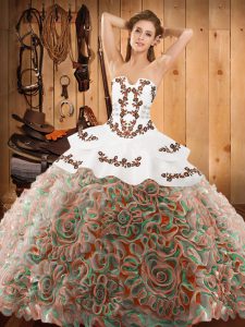 Satin and Fabric With Rolling Flowers Sleeveless With Train Quinceanera Dress Sweep Train and Embroidery