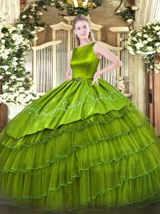 Adorable Olive Green Satin and Organza Lace Up Quince Ball Gowns Sleeveless Floor Length Embroidery and Ruffled Layers