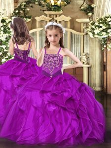 Straps Sleeveless Lace Up Child Pageant Dress Fuchsia Organza