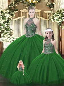 Super Floor Length Dark Green Quinceanera Dresses Halter Top Sleeveless Lace Up