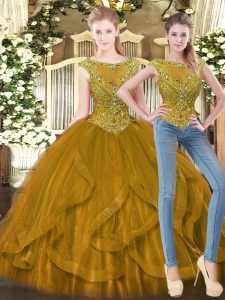 Ideal Sleeveless Floor Length Beading and Ruffles Zipper Quinceanera Gowns with Brown