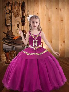 Excellent Straps Sleeveless Lace Up Kids Pageant Dress Fuchsia Organza