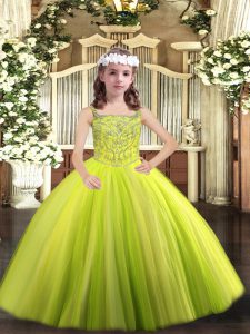 Sweet Straps Sleeveless Little Girls Pageant Dress Wholesale Floor Length Beading Yellow Green Tulle