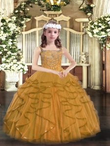 Straps Sleeveless Pageant Gowns For Girls Floor Length Beading and Ruffles Brown Tulle