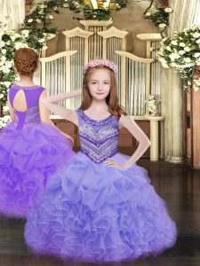 Lavender Organza Lace Up Little Girl Pageant Dress Sleeveless Floor Length Beading and Ruffles and Pick Ups