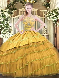 Ball Gowns Quinceanera Dresses Gold Halter Top Satin and Organza Sleeveless Floor Length Zipper
