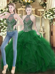 Dark Green Two Pieces Organza High-neck Sleeveless Beading and Ruffles Floor Length Lace Up Quince Ball Gowns