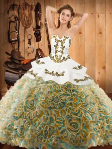 Multi-color Lace Up Strapless Embroidery Quinceanera Gowns Satin and Fabric With Rolling Flowers Sleeveless Sweep Train