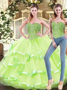 Chic Two Pieces Sweet 16 Dress Yellow Green Sweetheart Organza Sleeveless Floor Length Lace Up