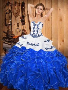 Blue And White Sleeveless Floor Length Embroidery and Ruffles Lace Up Sweet 16 Dress