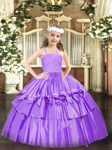 Lavender Zipper Pageant Dress Toddler Beading and Lace and Ruffled Layers Sleeveless Floor Length