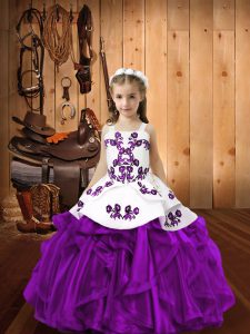 Inexpensive Eggplant Purple Straps Neckline Embroidery and Ruffles Child Pageant Dress Sleeveless Lace Up
