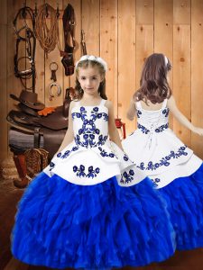 Beauteous Royal Blue Ball Gowns Straps Sleeveless Organza Floor Length Lace Up Embroidery and Ruffles Little Girls Pageant Dress Wholesale