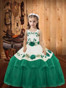Turquoise Straps Neckline Embroidery and Ruffled Layers Pageant Dress for Teens Sleeveless Lace Up
