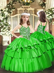 Green Pageant Gowns For Girls Party and Quinceanera with Beading and Ruffled Layers Straps Sleeveless Lace Up