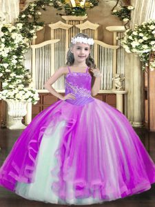 Fantastic Fuchsia Ball Gowns Straps Sleeveless Tulle Floor Length Lace Up Beading Winning Pageant Gowns