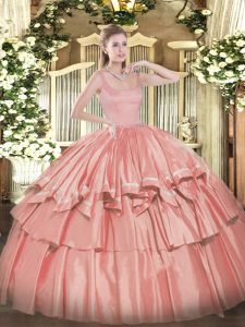 Sleeveless Floor Length Beading and Ruffled Layers Zipper 15 Quinceanera Dress with Coral Red