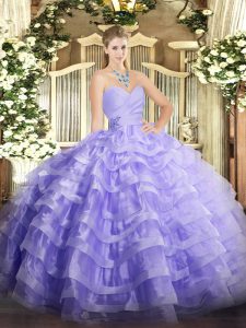 Luxury Lavender Ball Gowns Organza Sweetheart Sleeveless Beading and Ruffled Layers Floor Length Lace Up Sweet 16 Dress
