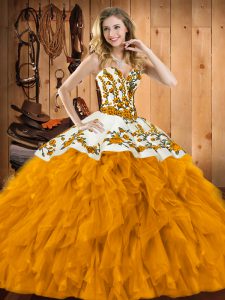 Cheap Gold Sweetheart Neckline Embroidery and Ruffles Sweet 16 Dress Sleeveless Lace Up
