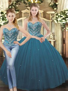 Teal Ball Gowns Beading and Ruffles Sweet 16 Dress Lace Up Tulle Sleeveless Floor Length