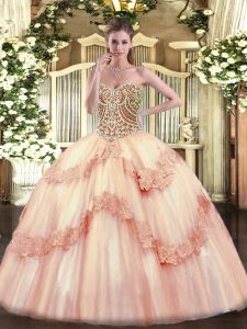 Fitting Baby Pink Sleeveless Tulle Lace Up Sweet 16 Dresses for Military Ball and Sweet 16 and Quinceanera