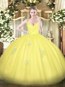 Luxury Spaghetti Straps Sleeveless 15th Birthday Dress Floor Length Appliques Yellow Tulle