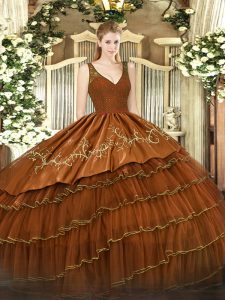 Adorable Brown Sleeveless Beading and Embroidery and Ruffled Layers Floor Length Quinceanera Dress