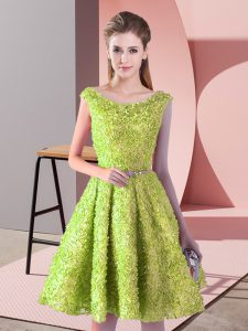 Most Popular Yellow Green Scoop Neckline Belt Homecoming Dress Sleeveless Lace Up