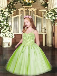 Low Price Yellow Green Sleeveless Floor Length Appliques Lace Up Pageant Dress for Womens