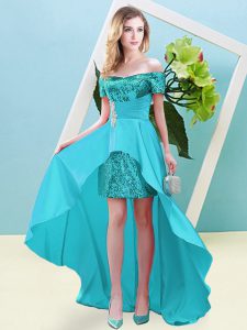 Smart Off The Shoulder Short Sleeves Elastic Woven Satin and Sequined Prom Gown Beading Lace Up
