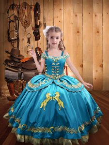Great Satin Off The Shoulder Sleeveless Lace Up Beading and Embroidery Custom Made Pageant Dress in Baby Blue