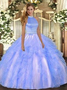 Perfect Ball Gowns Sweet 16 Dress Baby Blue Halter Top Organza Sleeveless Floor Length Backless